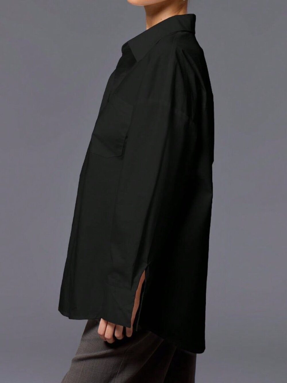 Black Casual Women's Oversized Button Up Shirt - Picture 3 of 4